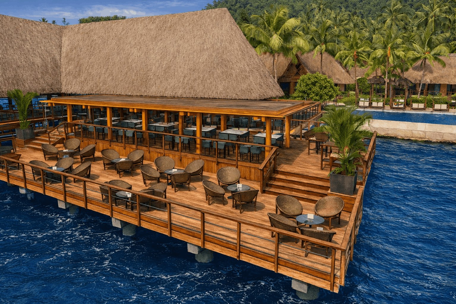 Tables dressées sur le sable sous des vahinés polynésiennes et des lumières de torches au Bloody Mary's Restaurant à Bora Bora.