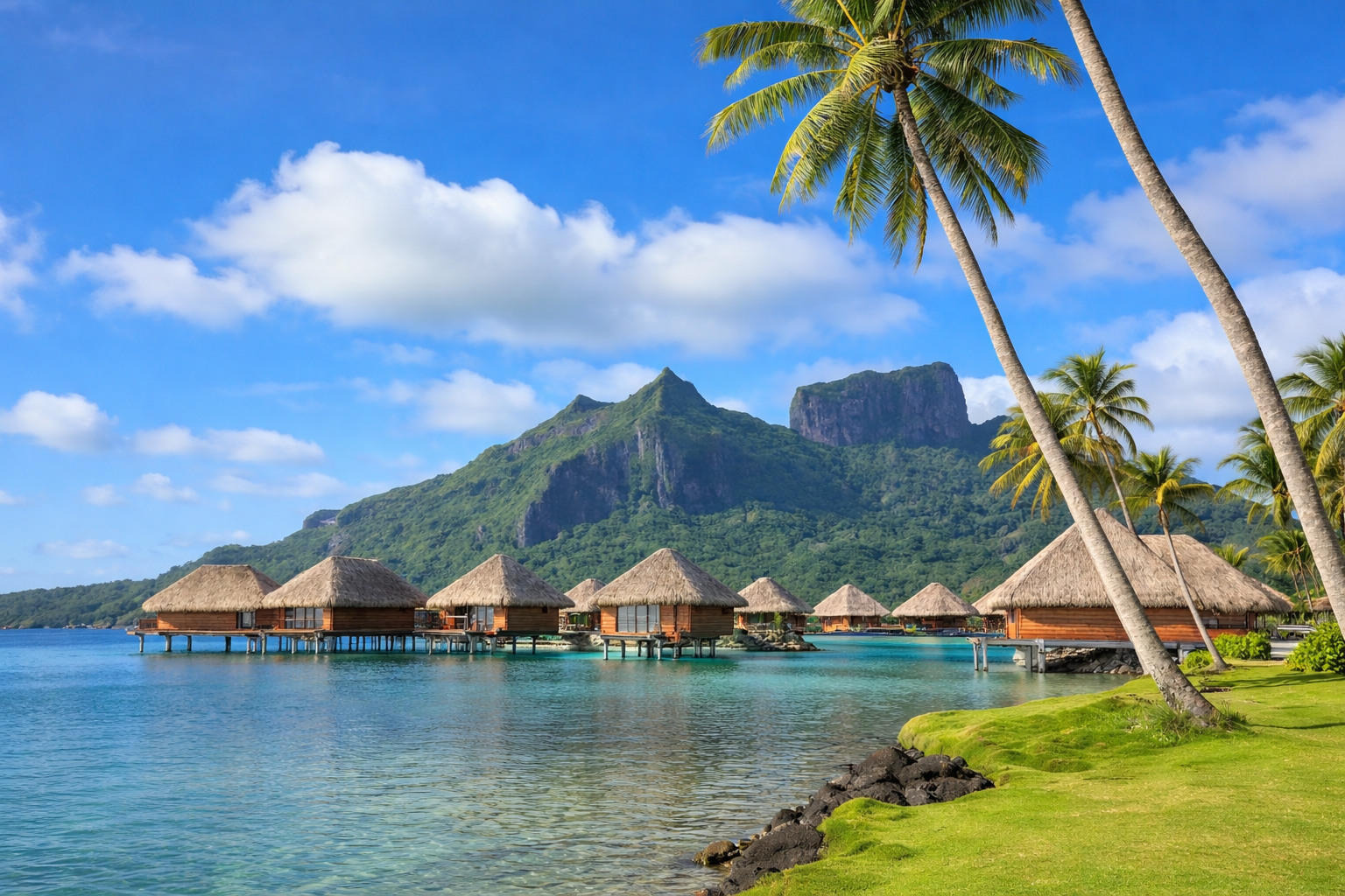 Vue du Bloody Mary's Hotel niché dans la végétation tropicale face au lagon de Bora Bora