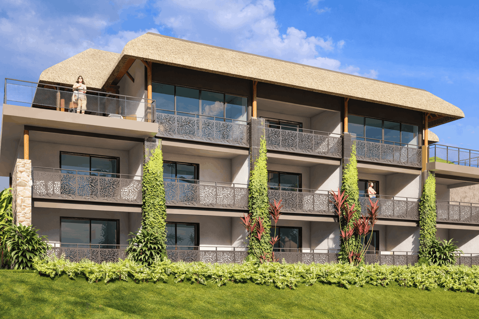Façade luxueuse avec balcons, colonnes de plantes grimpantes et ciel bleu limpide.